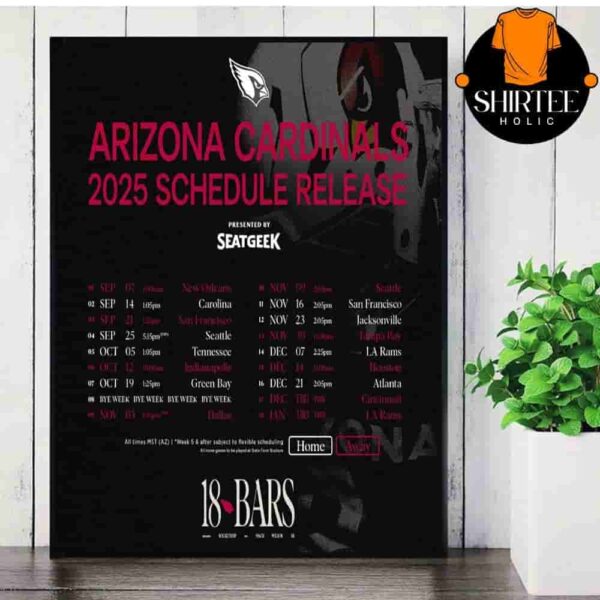 Arizona Cardinals Official 2025 NFL Schedule Season 2025-2026 Wall Decor Poster Canvas
