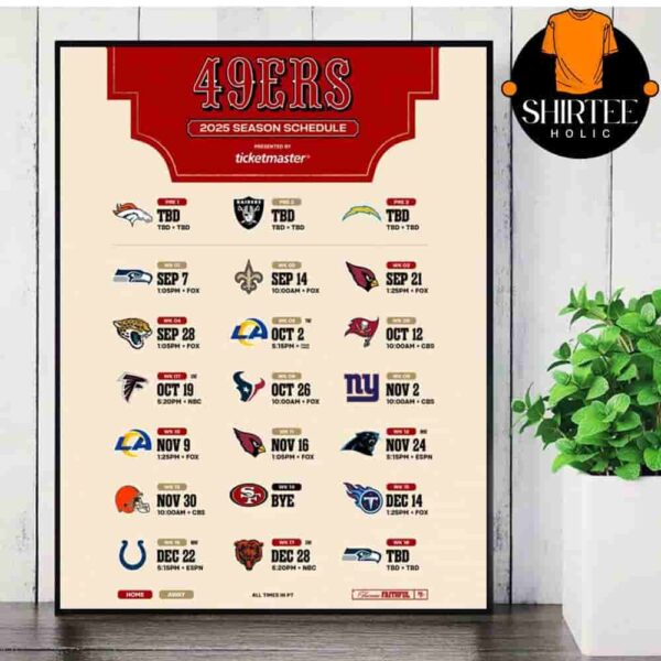 San Francisco 49ers Official 2025 NFL Schedule Season 2025-2026 Wall Decor Poster Canvas