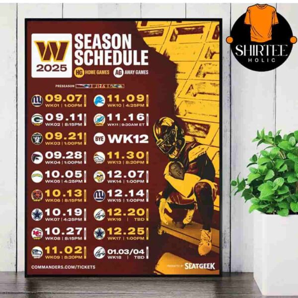 Washington Commanders Official 2025 NFL Schedule Season 2025-2026 Wall Decor Poster Canvas