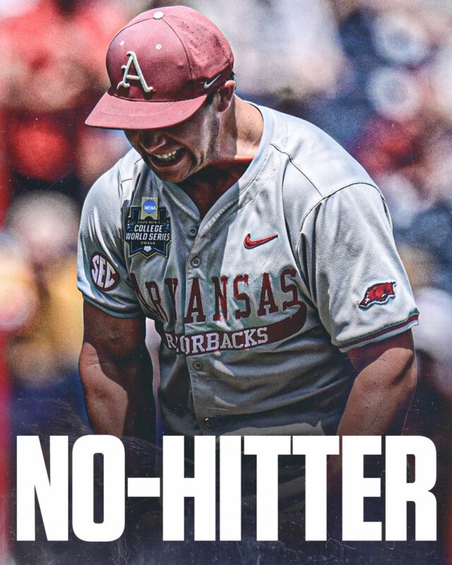 Gage Wood No Hitter Arkansas Razorback Baseball MWCS Mens College World Serries Baseball 2025